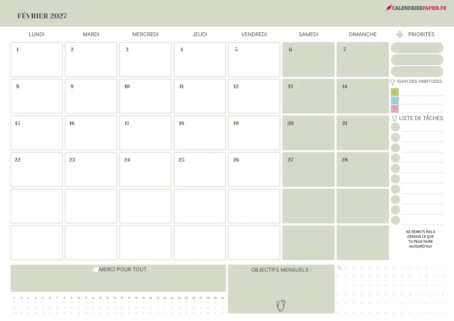 Calendrier février 2027 à imprimer avec jours fériés, priorités, couleur vert