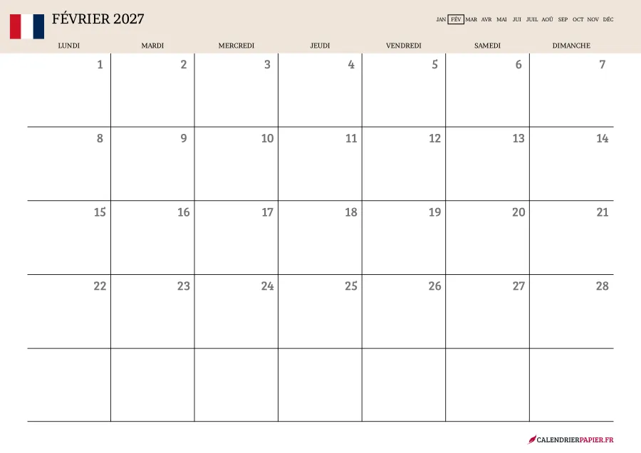 Calendrier février 2027 à imprimer avec jours fériés, vierge, couleur crème