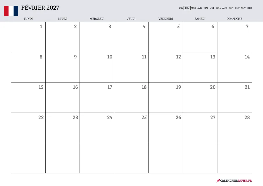 Calendrier février 2027 à imprimer avec jours fériés, vierge, couleur lavande