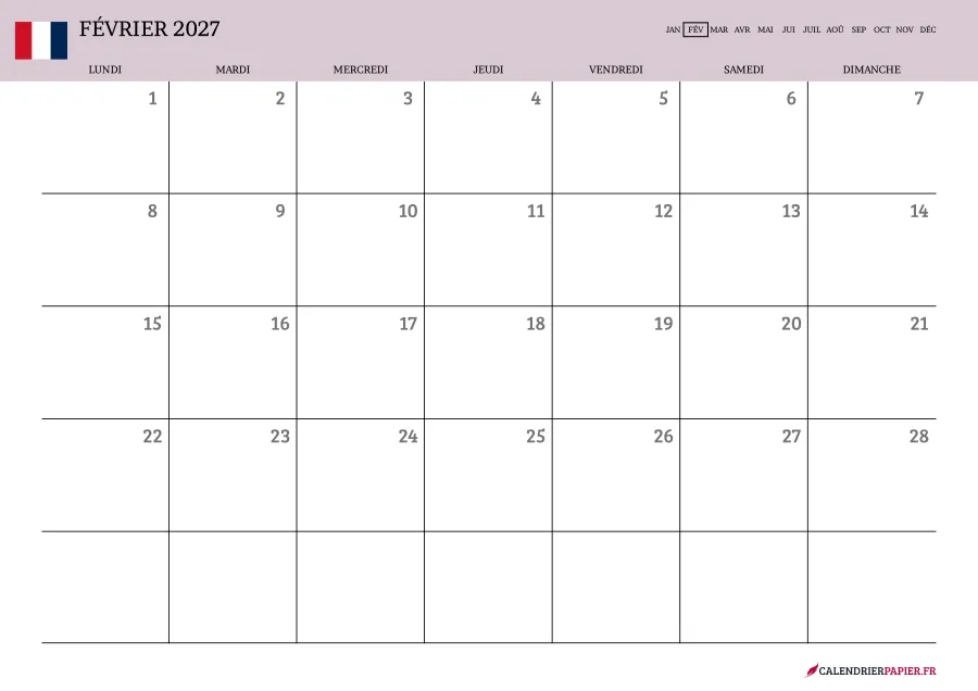 Calendrier février 2027 à imprimer avec jours fériés, vierge, couleur rose