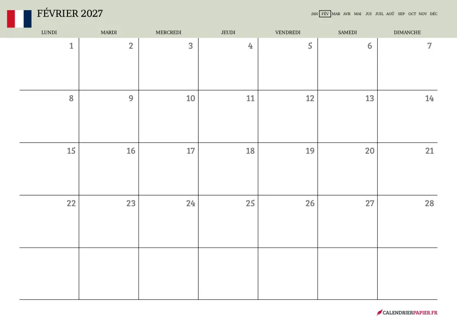 Calendrier février 2027 à imprimer avec jours fériés, vierge, couleur vert