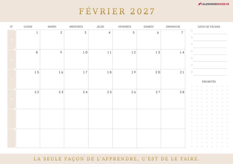 Calendrier février 2027 à imprimer avec numéros de semaine, liste de tâches, couleur crème