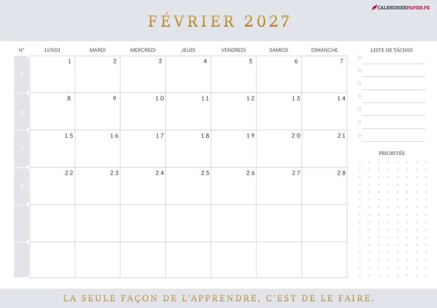 Calendrier février 2027 à imprimer avec numéros de semaine, liste de tâches, couleur lavande