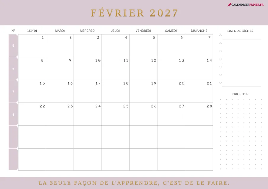 Calendrier février 2027 à imprimer avec numéros de semaine, liste de tâches, couleur rose