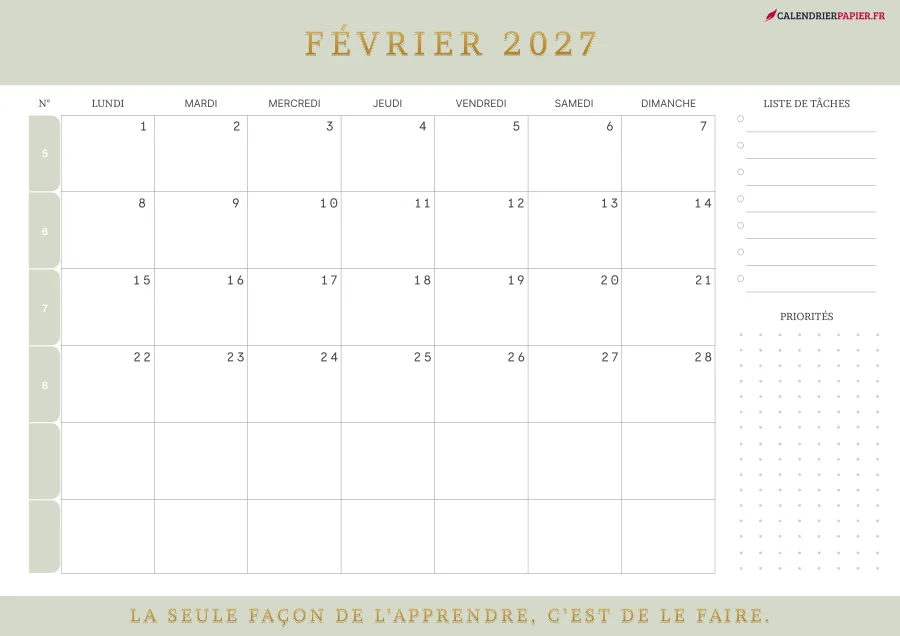 Calendrier février 2027 à imprimer avec numéros de semaine, liste de tâches, couleur vert