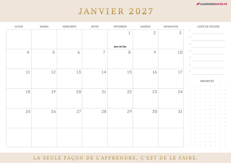 Calendrier janvier 2027 à imprimer avec jours fériés, liste de tâches, couleur crème