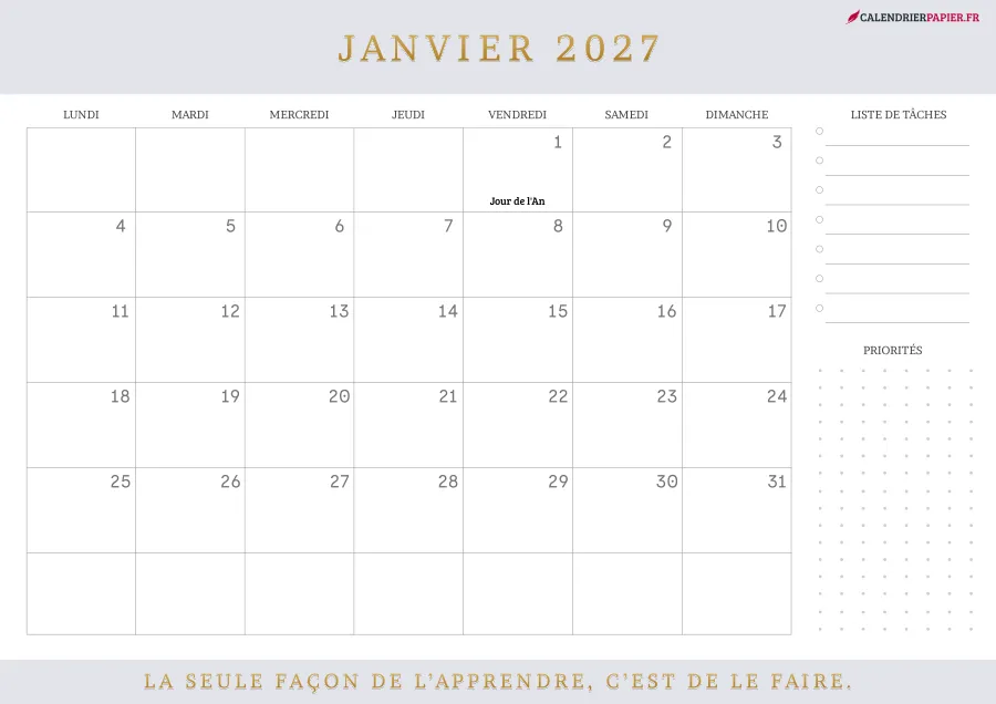 Calendrier janvier 2027 à imprimer avec jours fériés, liste de tâches, couleur lavande