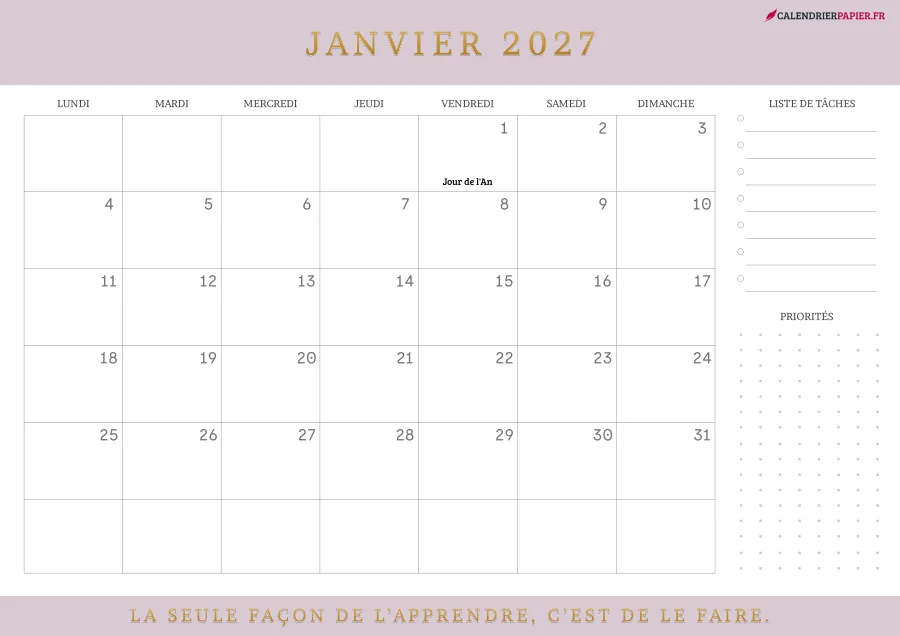Calendrier janvier 2027 à imprimer avec jours fériés, liste de tâches, couleur rose