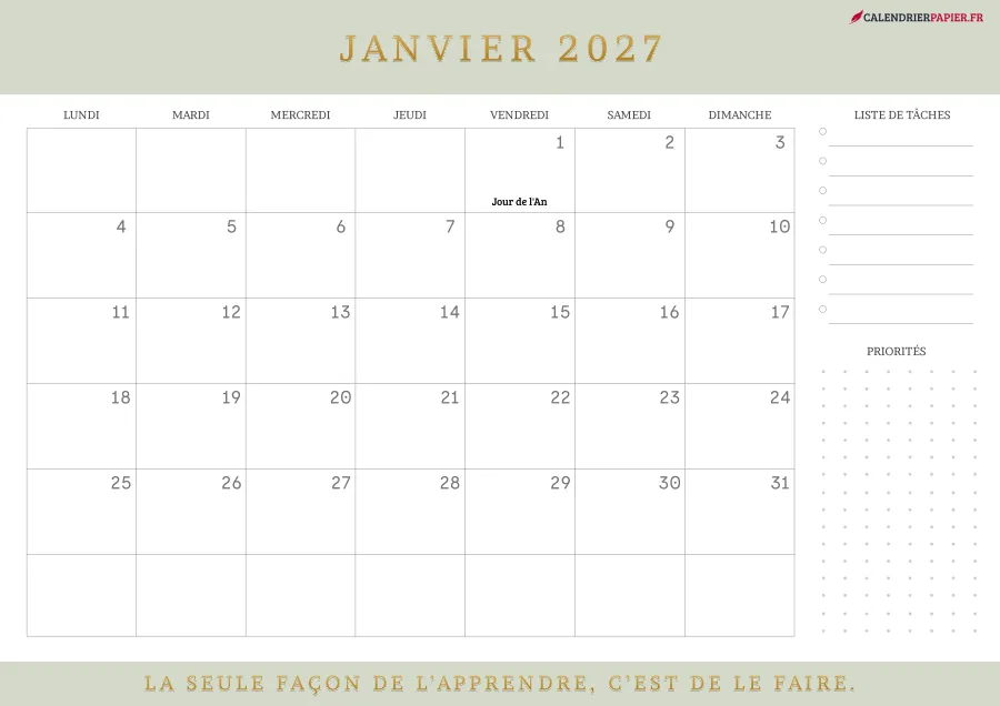 Calendrier janvier 2027 à imprimer avec jours fériés, liste de tâches, couleur vert