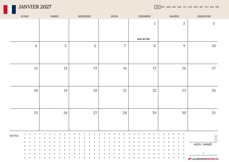Calendrier janvier 2027 à imprimer avec jours fériés, notes, couleur crème