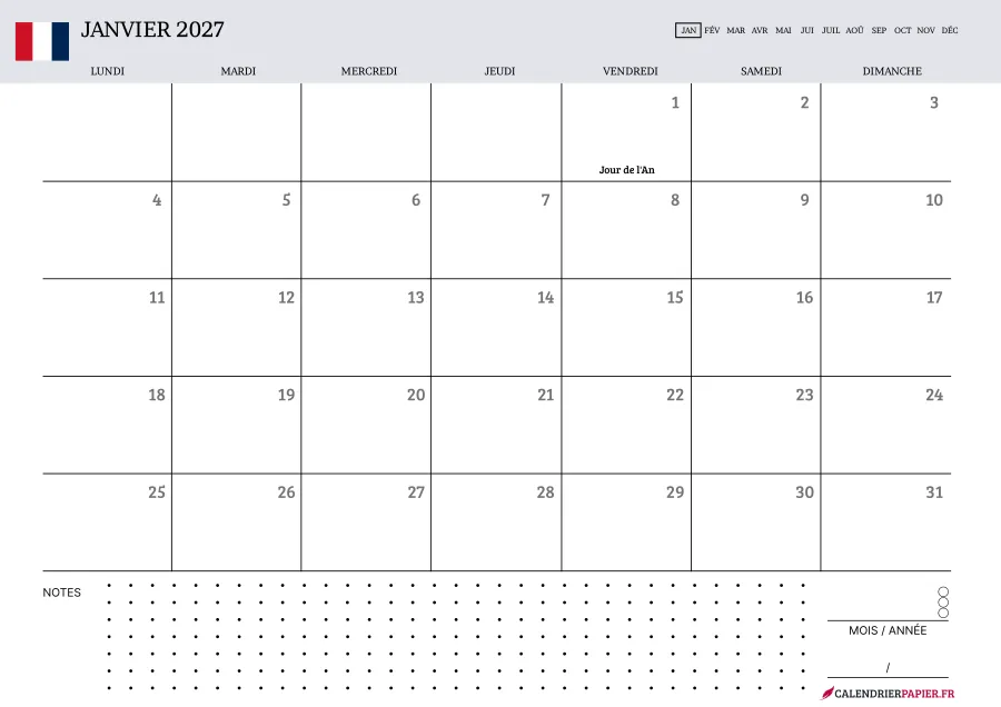 Calendrier janvier 2027 à imprimer avec jours fériés, notes, couleur lavande