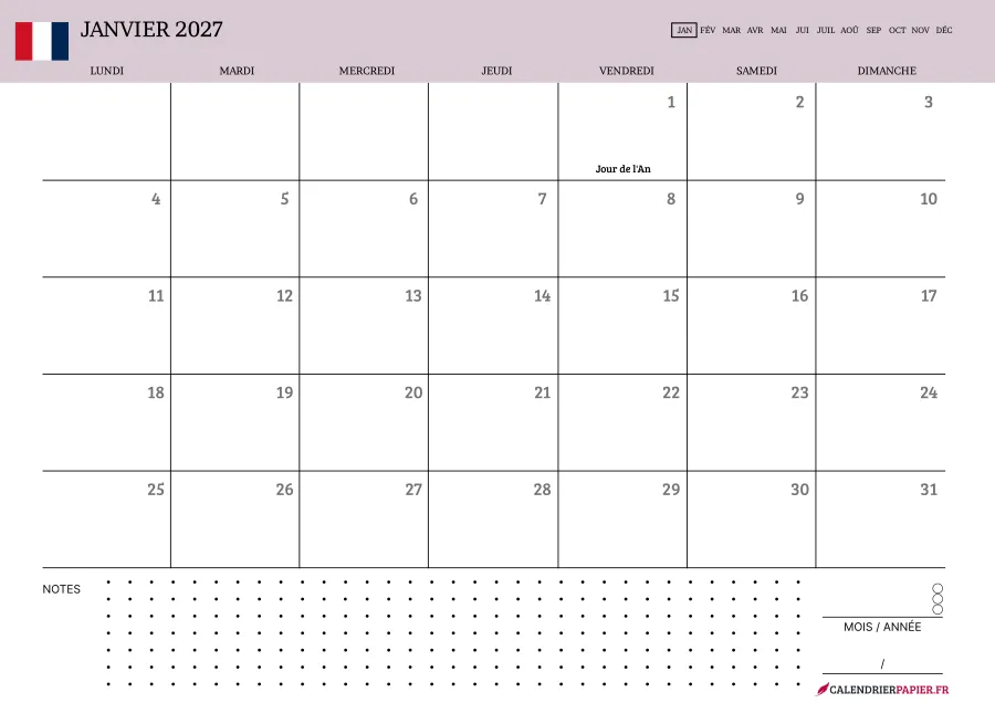 Calendrier janvier 2027 à imprimer avec jours fériés, notes, couleur rose