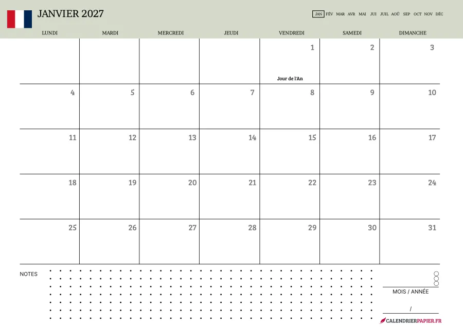 Calendrier janvier 2027 à imprimer avec jours fériés, notes, couleur vert