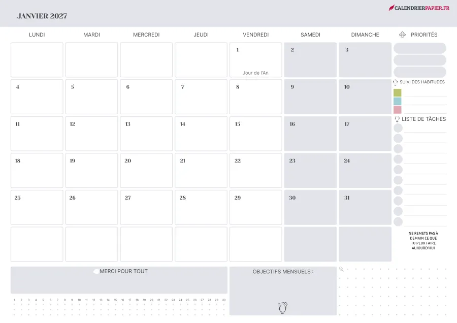 Calendrier janvier 2027 à imprimer avec jours fériés, priorités, couleur lavande