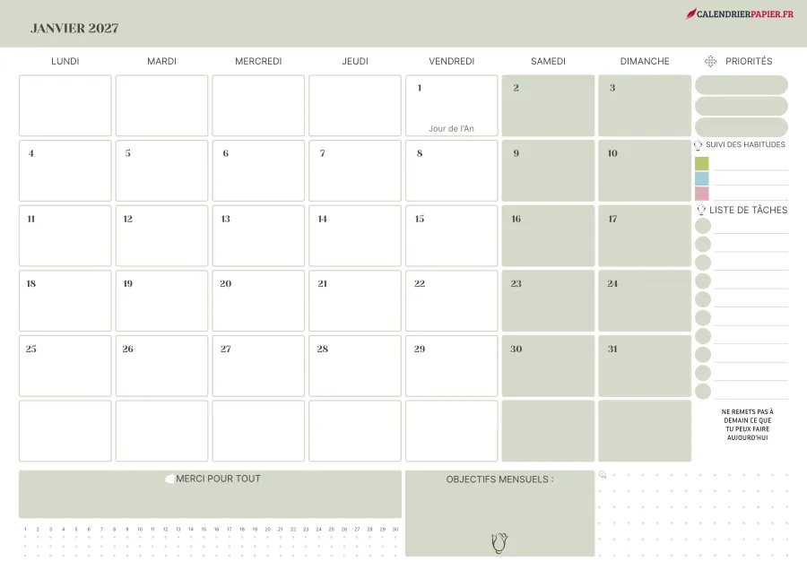 Calendrier janvier 2027 à imprimer avec jours fériés, priorités, couleur vert