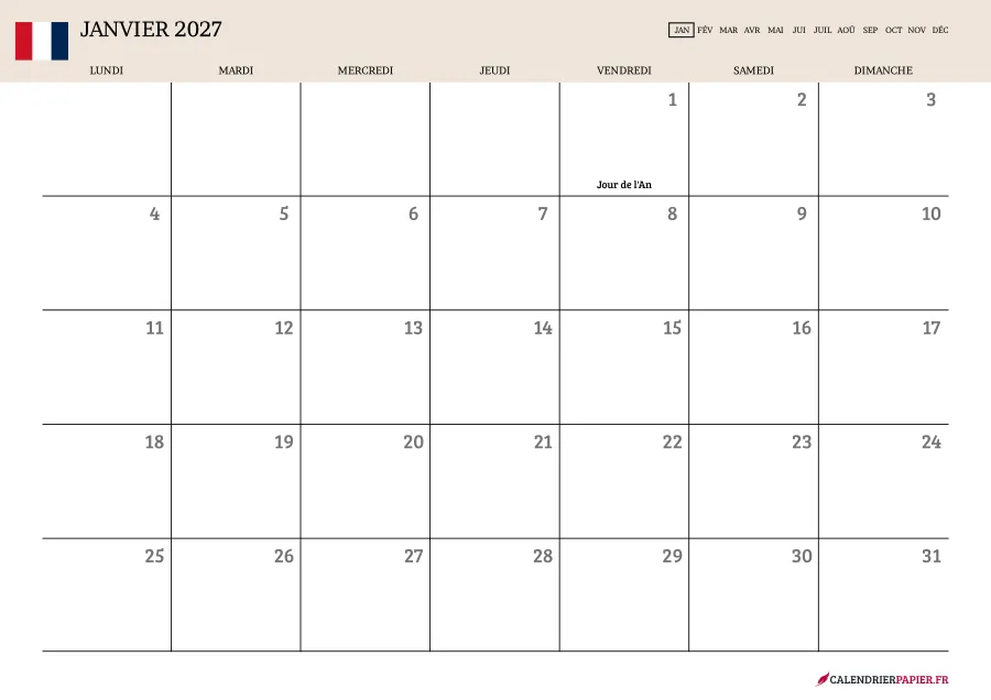 Calendrier janvier 2027 à imprimer avec jours fériés, vierge, couleur crème