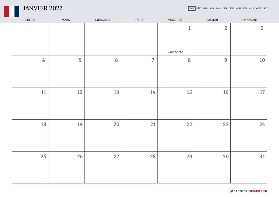 Calendrier janvier 2027 à imprimer avec jours fériés, vierge, couleur lavande
