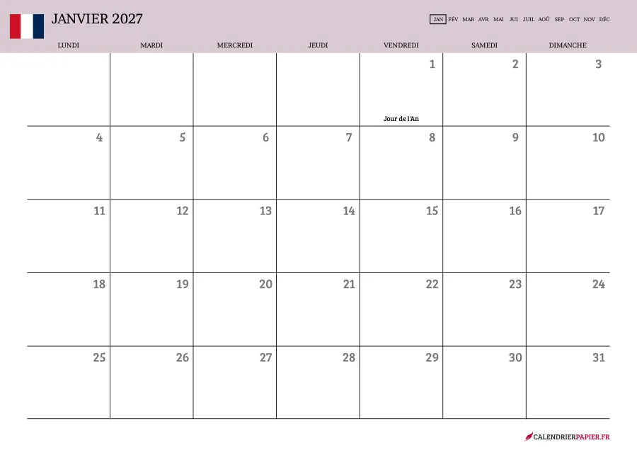 Calendrier janvier 2027 à imprimer avec jours fériés, vierge, couleur rose