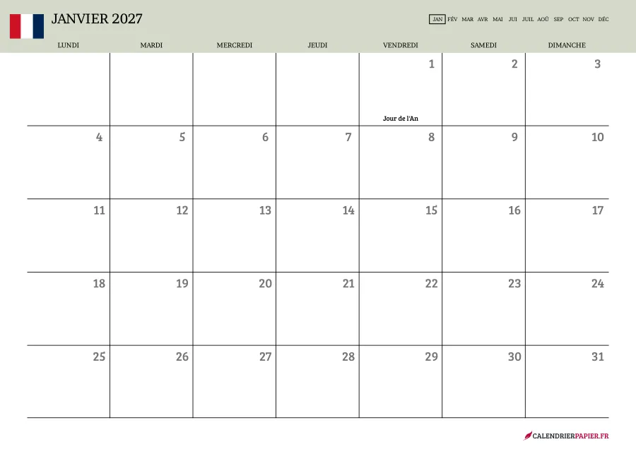 Calendrier janvier 2027 à imprimer avec jours fériés, vierge, couleur vert
