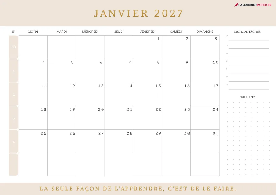 Calendrier janvier 2027 à imprimer avec numéros de semaine, liste de tâches, couleur crème