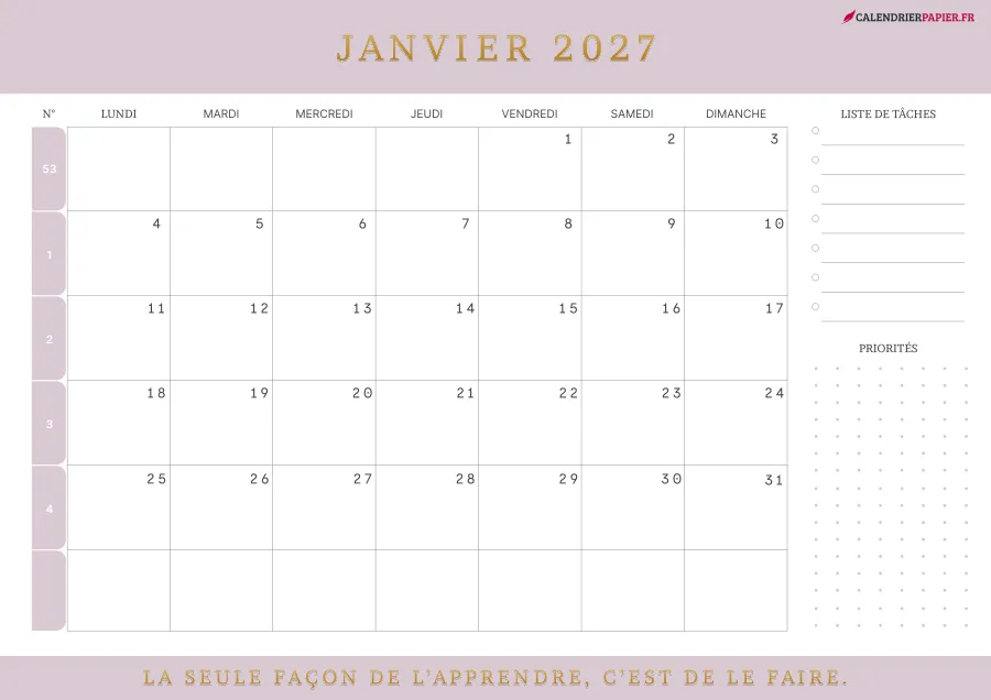 Calendrier janvier 2027 à imprimer avec numéros de semaine, liste de tâches, couleur rose