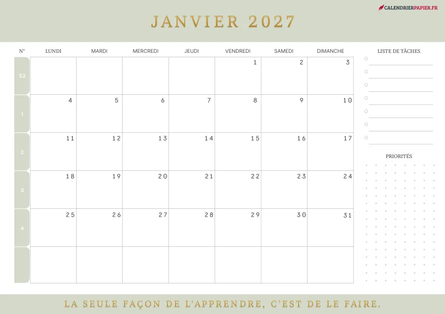 Calendrier janvier 2027 à imprimer avec numéros de semaine, liste de tâches, couleur vert