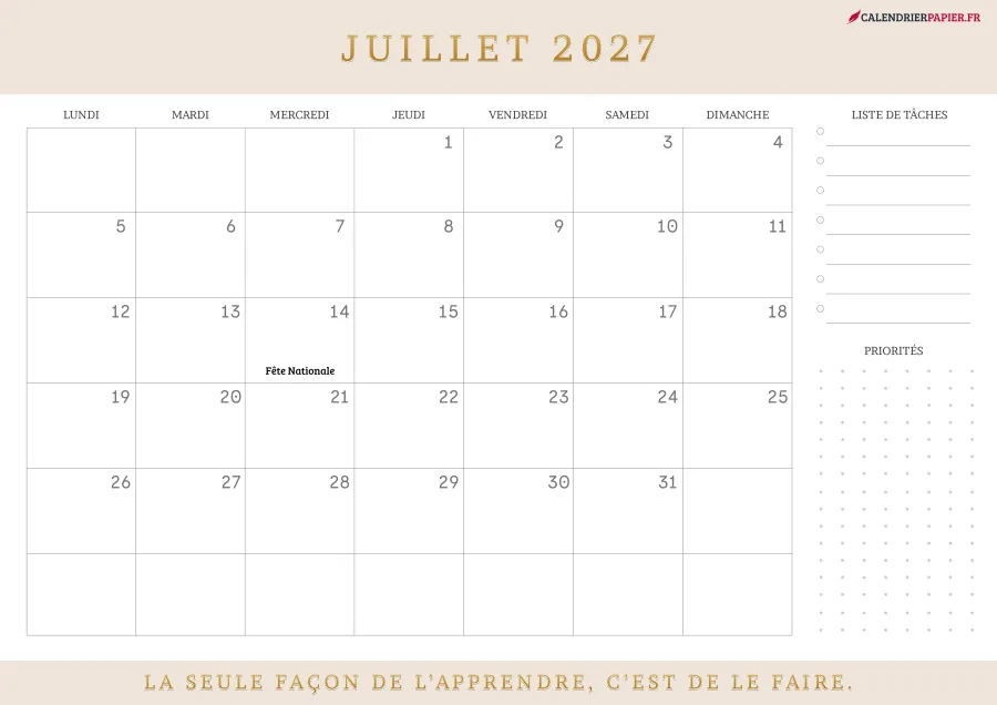 Calendrier juillet 2027 à imprimer avec jours fériés, liste de tâches, couleur crème