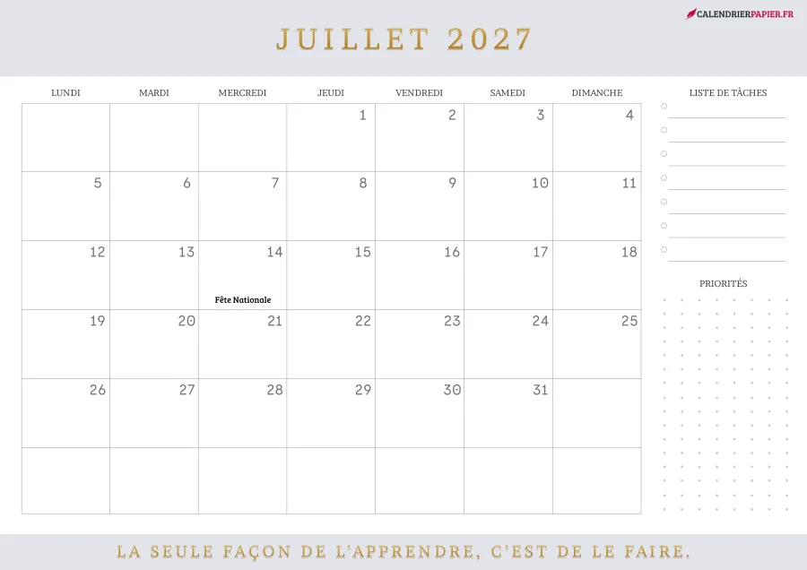 Calendrier juillet 2027 à imprimer avec jours fériés, liste de tâches, couleur lavande