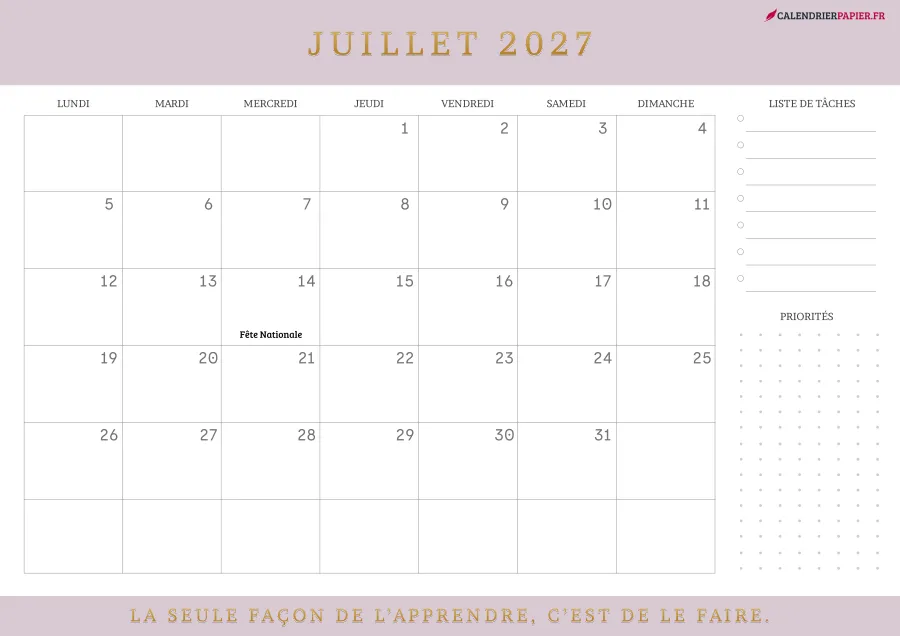Calendrier juillet 2027 à imprimer avec jours fériés, liste de tâches, couleur rose