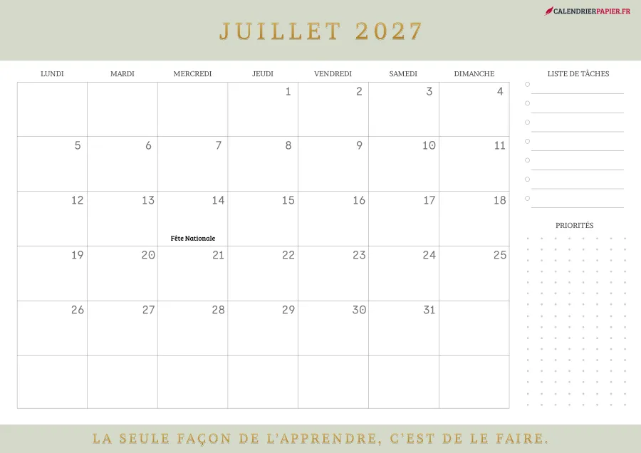 Calendrier juillet 2027 à imprimer avec jours fériés, liste de tâches, couleur vert