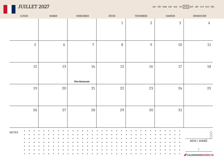 Calendrier juillet 2027 à imprimer avec jours fériés, notes, couleur crème