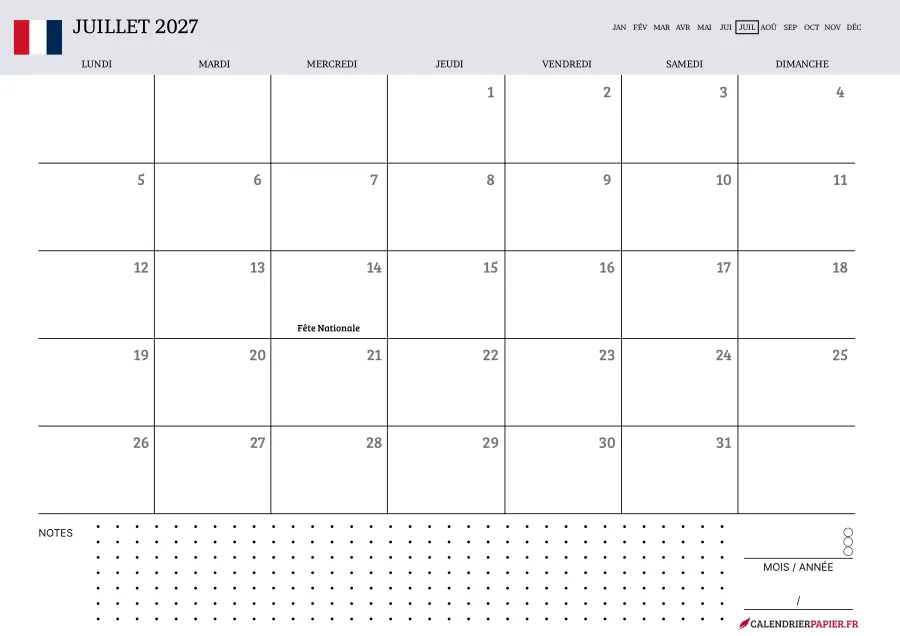 Calendrier juillet 2027 à imprimer avec jours fériés, notes, couleur lavande