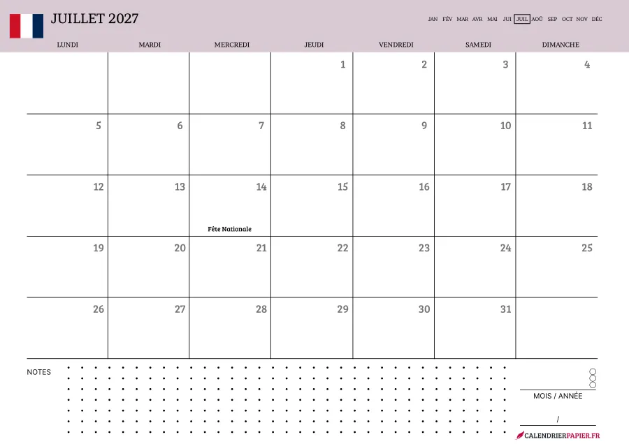 Calendrier juillet 2027 à imprimer avec jours fériés, notes, couleur rose