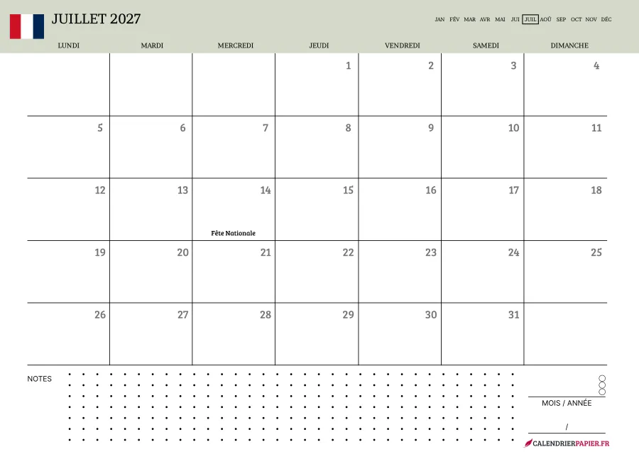 Calendrier juillet 2027 à imprimer avec jours fériés, notes, couleur vert