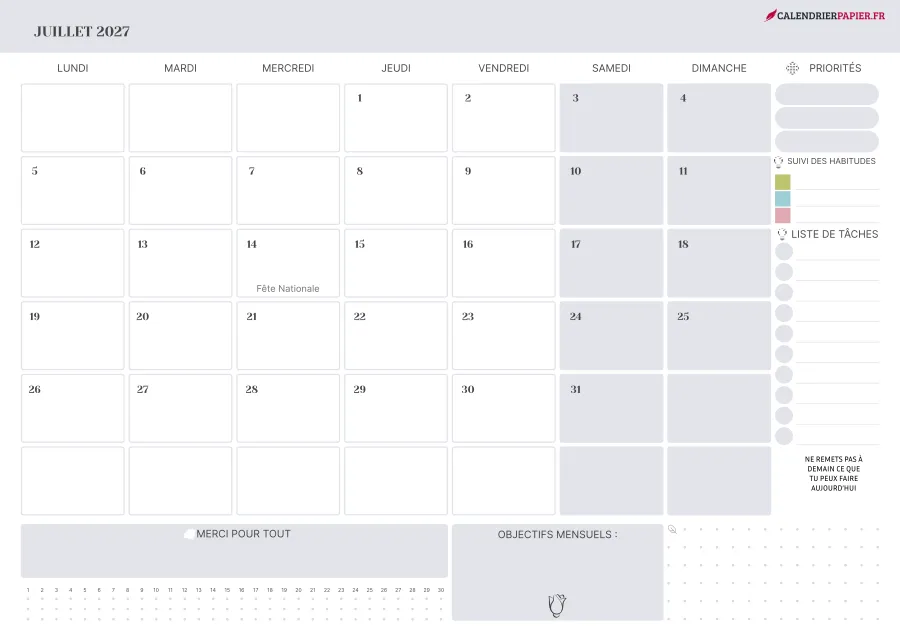 Calendrier juillet 2027 à imprimer avec jours fériés, priorités, couleur lavande