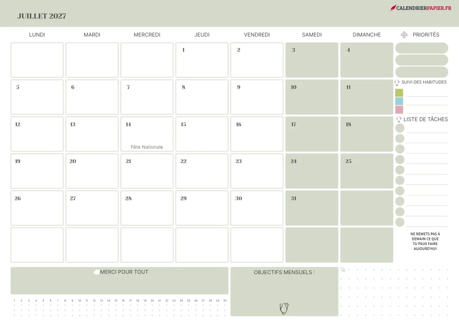 Calendrier juillet 2027 à imprimer avec jours fériés, priorités, couleur vert