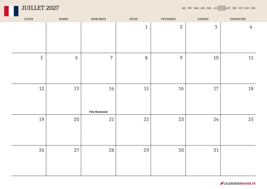 Calendrier juillet 2027 à imprimer avec jours fériés, vierge, couleur crème