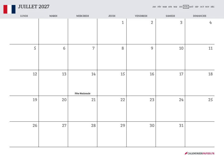 Calendrier juillet 2027 à imprimer avec jours fériés, vierge, couleur lavande
