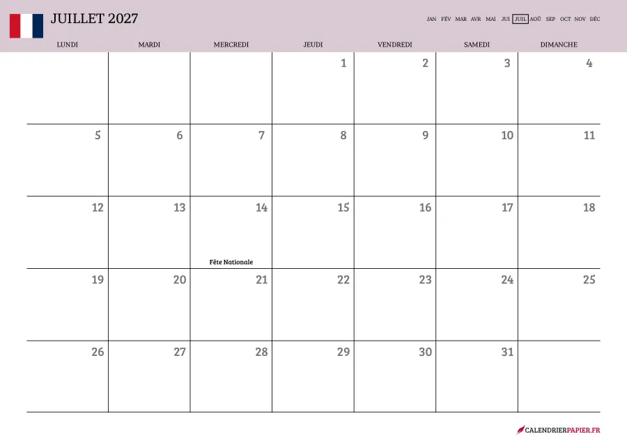 Calendrier juillet 2027 à imprimer avec jours fériés, vierge, couleur rose
