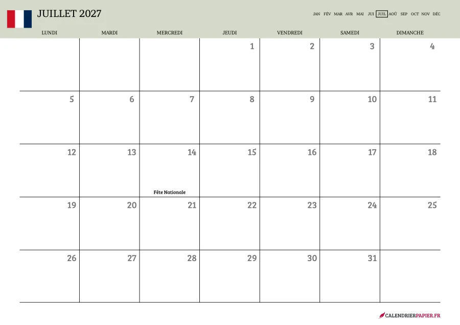 Calendrier juillet 2027 à imprimer avec jours fériés, vierge, couleur vert