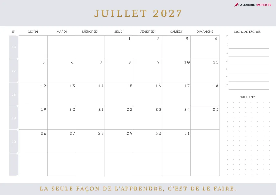 Calendrier juillet 2027 à imprimer avec numéros de semaine, liste de tâches, couleur lavande
