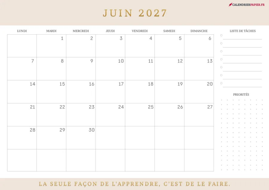 Calendrier juin 2027 à imprimer avec jours fériés, liste de tâches, couleur crème
