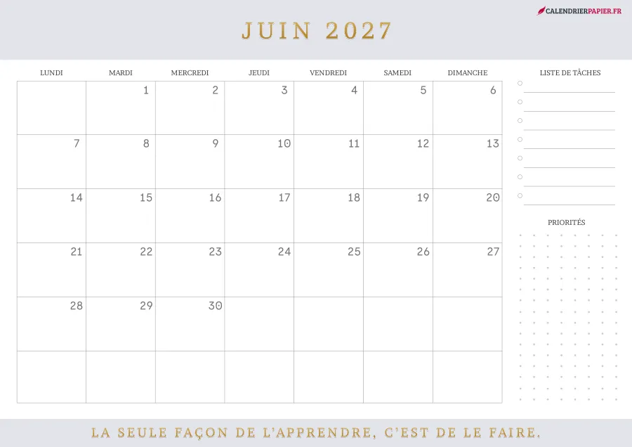 Calendrier juin 2027 à imprimer avec jours fériés, liste de tâches, couleur lavande