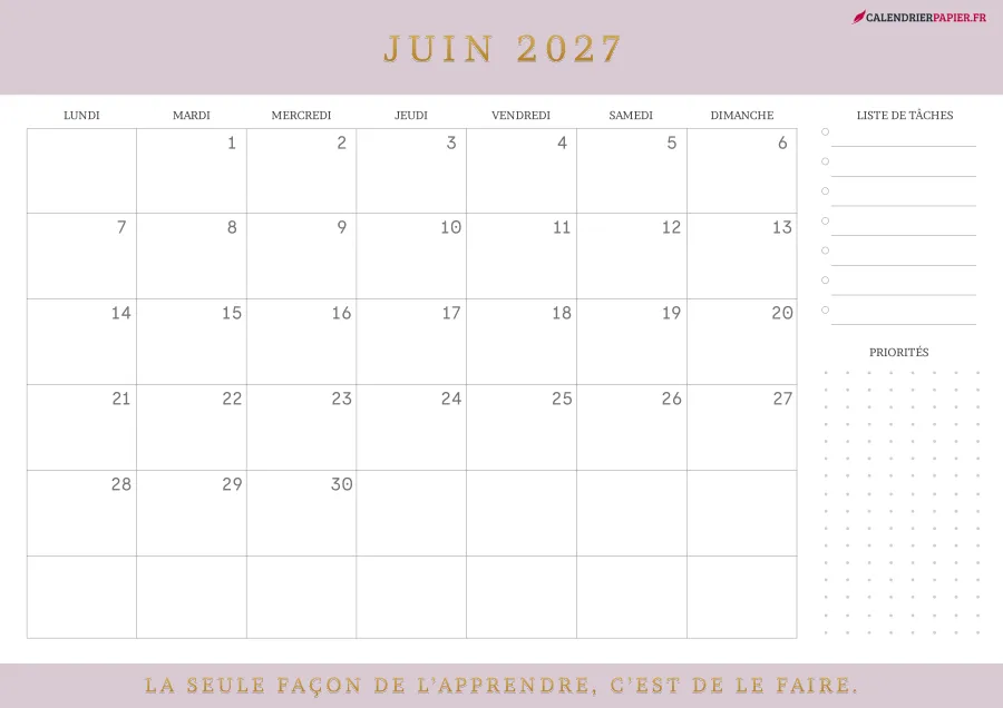 Calendrier juin 2027 à imprimer avec jours fériés, liste de tâches, couleur rose