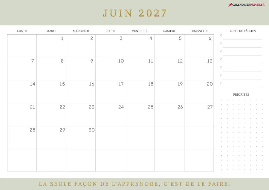 Calendrier juin 2027 à imprimer avec jours fériés, liste de tâches, couleur vert