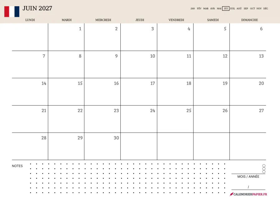 Calendrier juin 2027 à imprimer avec jours fériés, notes, couleur crème