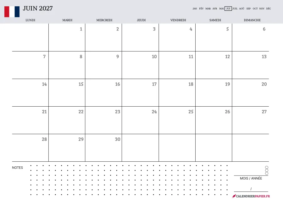 Calendrier juin 2027 à imprimer avec jours fériés, notes, couleur lavande