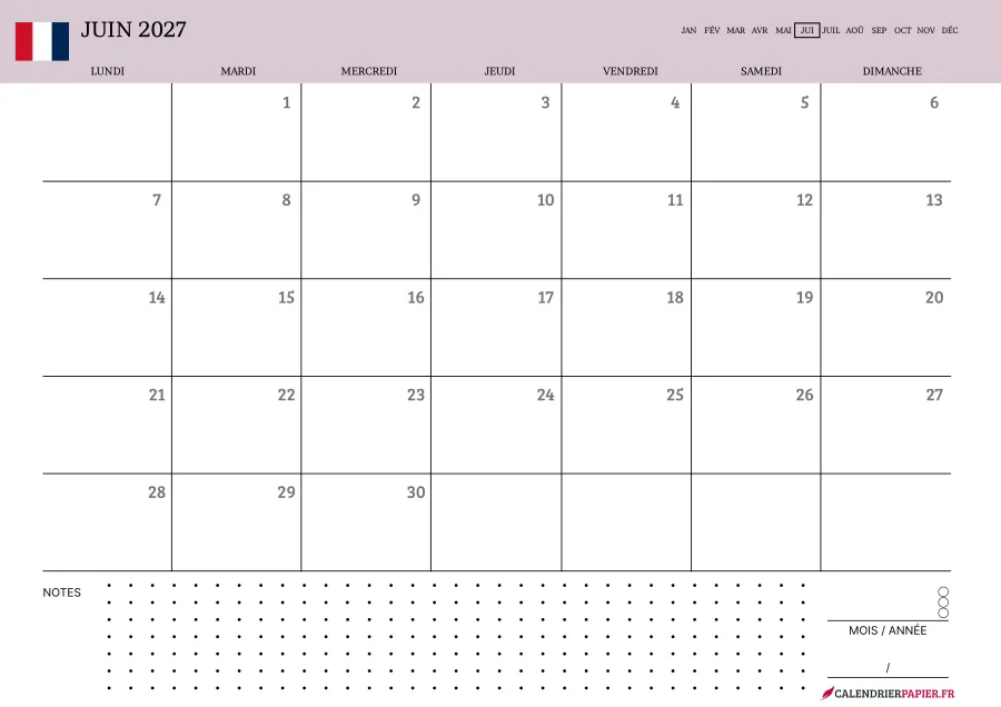 Calendrier juin 2027 à imprimer avec jours fériés, notes, couleur rose