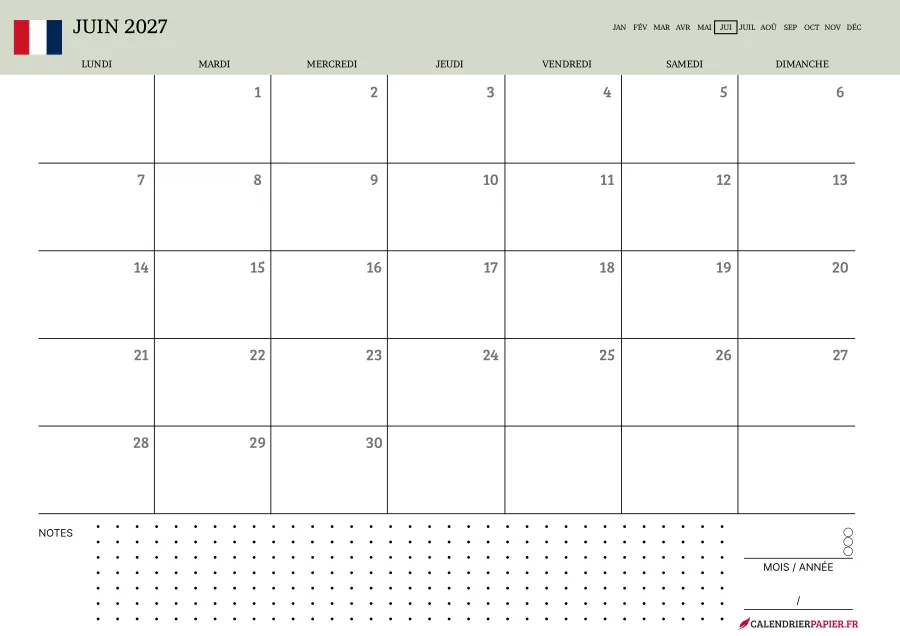 Calendrier juin 2027 à imprimer avec jours fériés, notes, couleur vert
