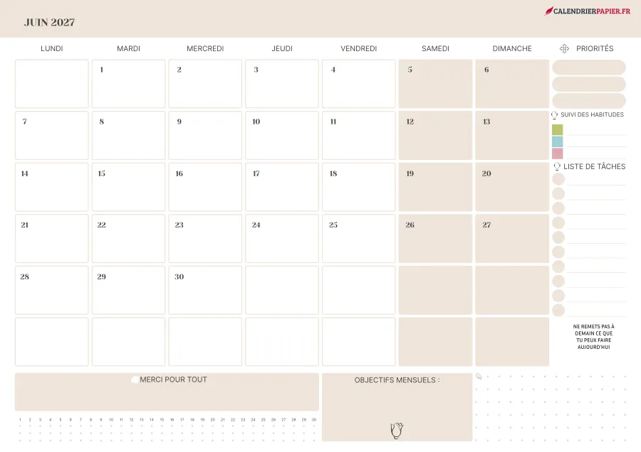 Calendrier juin 2027 à imprimer avec jours fériés, priorités, couleur crème
